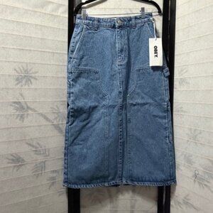 OBEY Denim Midi Skirt Blue Front Zip Pocket Streetwear Y2K Retro Grunge NWT 26